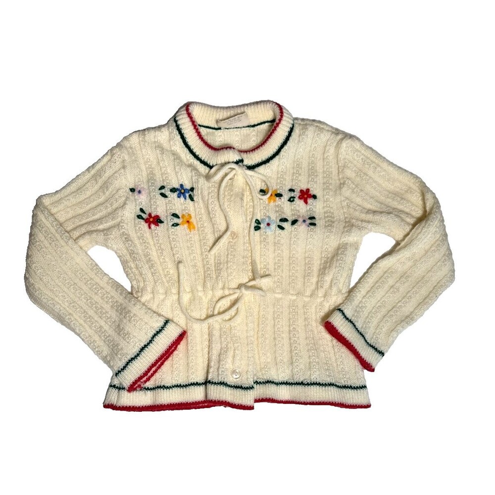 Vintage Girls 3T Cardigan Sweater Ivory Embroidered Floral Drawstring Cottage